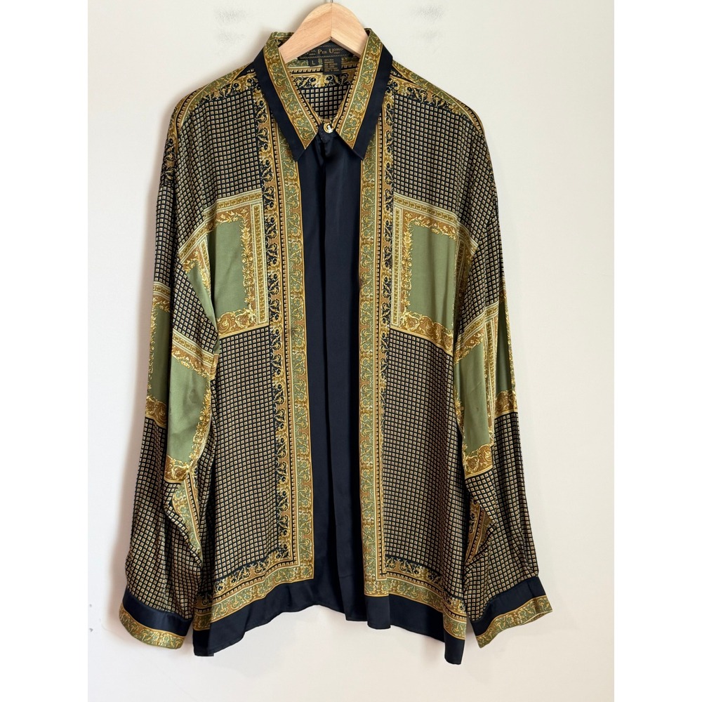 Vtg Seta Per Uomo 100% Silk Print Shirt Italy L Designer Gold Baroque Medallion